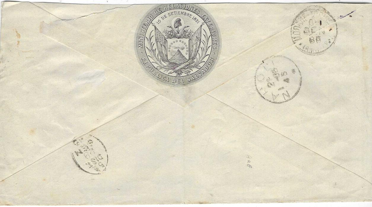 Salvador 1884 (27 Dice) envelope to Consul at Naples, bearing a fine printed ‘Ministerio De Relaciones Exteriores’ backflap, franked 1879-89 1c. and 10c. Volcano cancelled by solitary negative cork ‘star’, red despatch cds to left, Italian transit and arrival backstamps; light central filing crease and envelope slightly reduced at top affecting printed seal