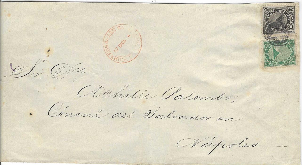 Salvador 1884 (27 Dice) envelope to Consul at Naples, bearing a fine printed ‘Ministerio De Relaciones Exteriores’ backflap, franked 1879-89 1c. and 10c. Volcano cancelled by solitary negative cork ‘star’, red despatch cds to left, Italian transit and arrival backstamps; light central filing crease and envelope slightly reduced at top affecting printed seal