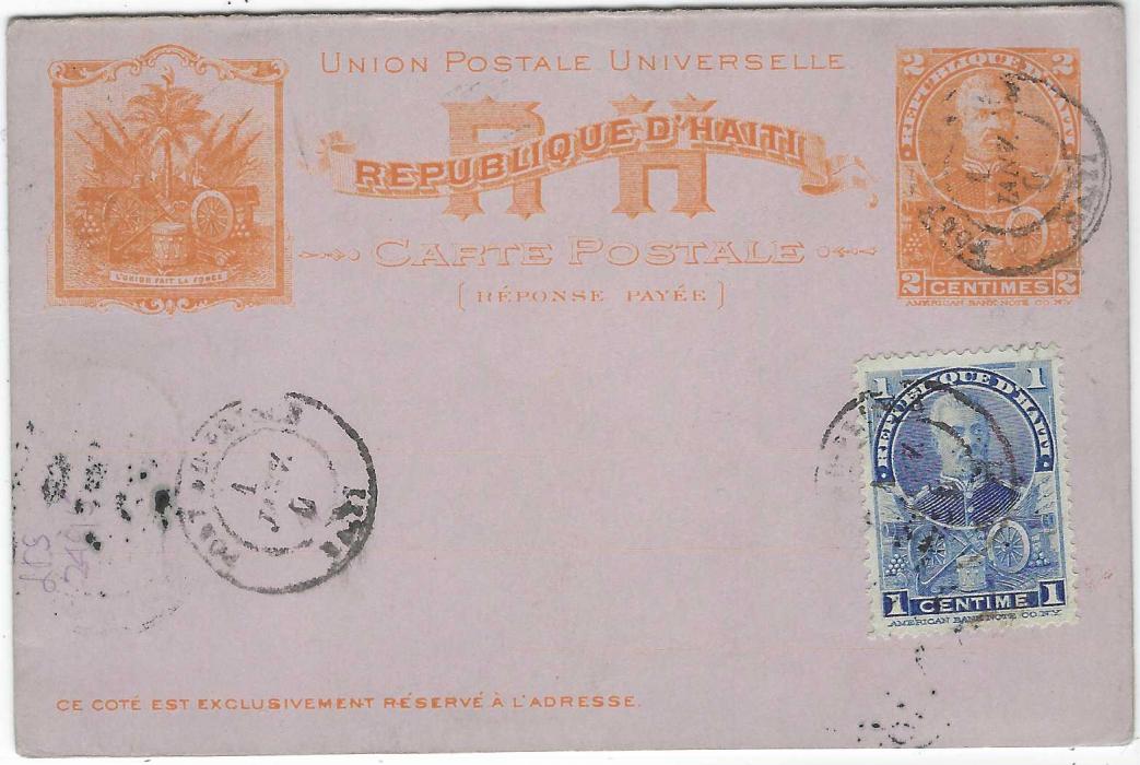 Haiti 1900 (JA 1) 2c + 2c reply postal stationery card sent by a collector from Port au Prince, uprated with 1c., addressed on reverse, so despatch cancels on plain side, the addressed side that has a 1c. and 5c. added has been cancelled on arrival, the 1c. and 5c. by London cds and the effigy by a Walthamstow cds; unusual.