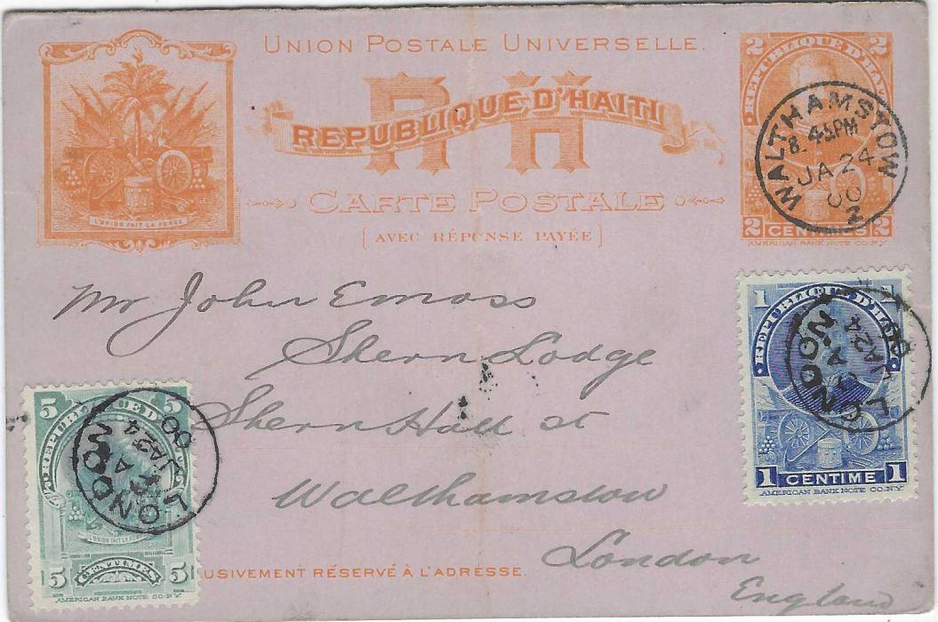 Haiti 1900 (JA 1) 2c + 2c reply postal stationery card sent by a collector from Port au Prince, uprated with 1c., addressed on reverse, so despatch cancels on plain side, the addressed side that has a 1c. and 5c. added has been cancelled on arrival, the 1c. and 5c. by London cds and the effigy by a Walthamstow cds; unusual.