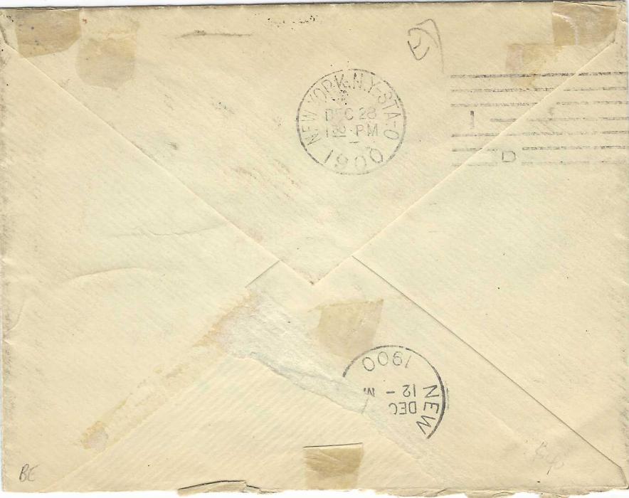 Haiti 1900 cover to New York franked 1898 10c. tied by oval Amsterdam W.Indie * Nederl. Paketboot date stamp, arrival backstamps with part of backflap missing.