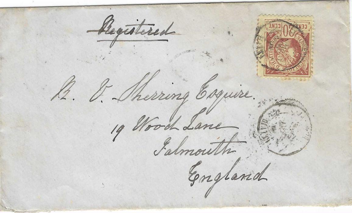 Haiti 1889 cover to Falmouth franked 1882-86 20c. tied by faint Jacmel cds, reverse with Redruth and Plymouth  transits plus arrival cds of following day.