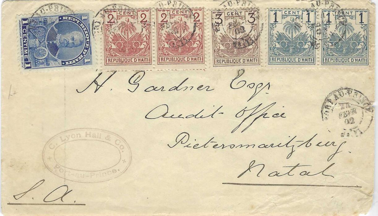 Haiti 1902 cover to Pietersmarizburg, Natal franked 1896 Palms 1c. and 2c. pairs plus 3c. single together with 1898 1c. Pres. Simon Sam tied Port-Au-Prince cds; small tear at right below stamps, without backstamps.