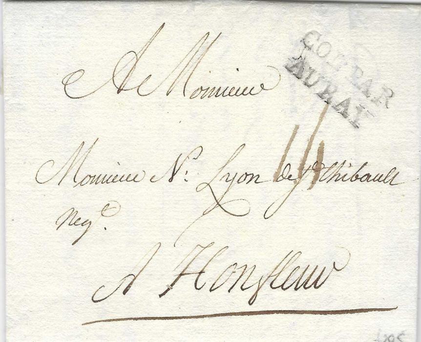 Haiti 1765 entire to Honfleur, datelined from Cap bearing maritime transit Col Par/ Auray (believed earliest recorded). Charged “16” sol on arrival. A small part of entire has been cut out otherwise fine and attractive.