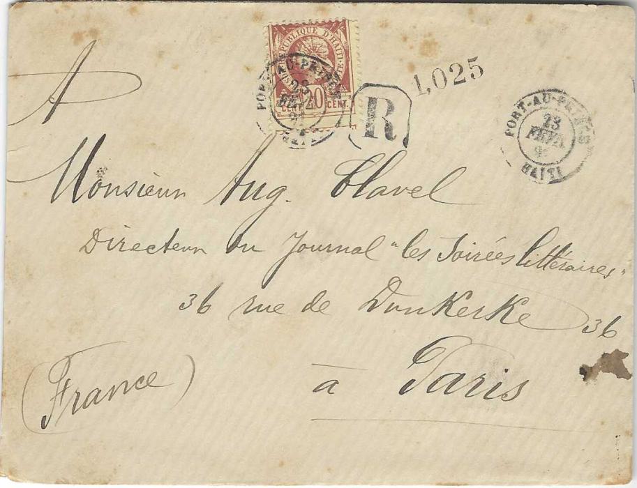 Haiti 1891 (23 Fevr) registered cover to Paris bearing single franking 1882-86 20c. ‘Liberty’ tied Port-Au-Prince cds repeated at right, and by registration handstamp, arrival backstamp; some slight tone spotting.