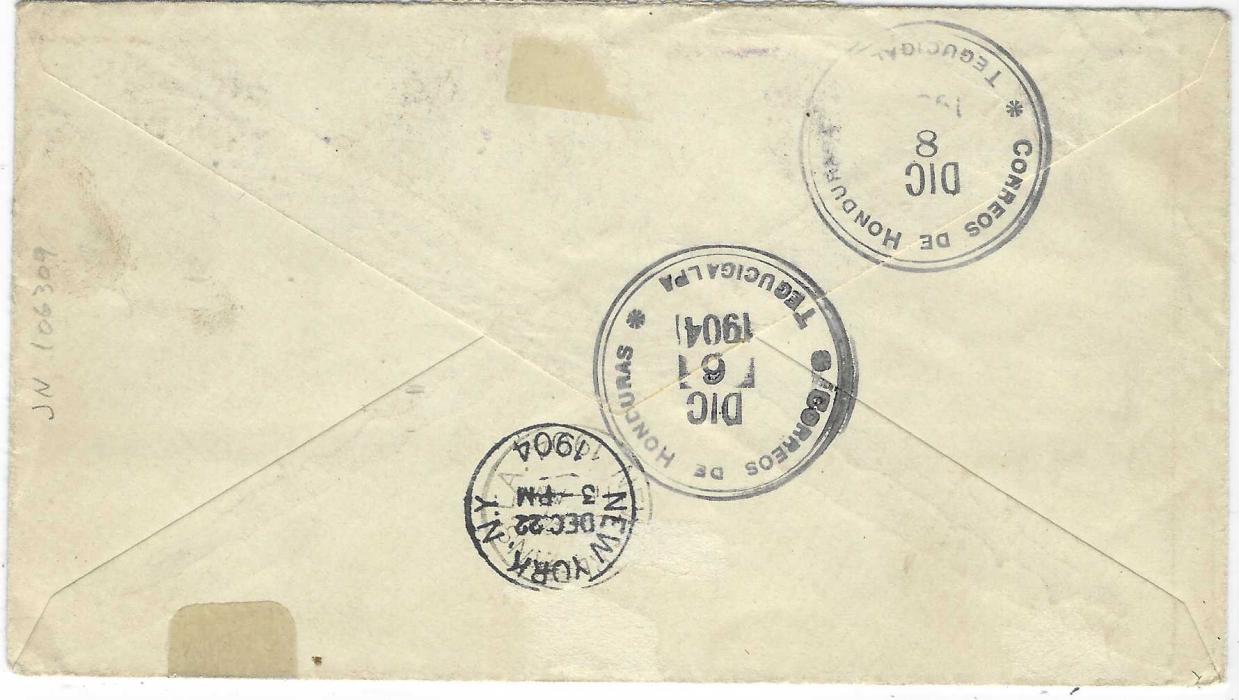 Honduras 1904 (Dic 1) cover to New York franked 1903 1c., 2c. pair and 10c. tied Choluteca cds and violet grill cancel, reverse with Tegucigalpa transits and arrival cds.