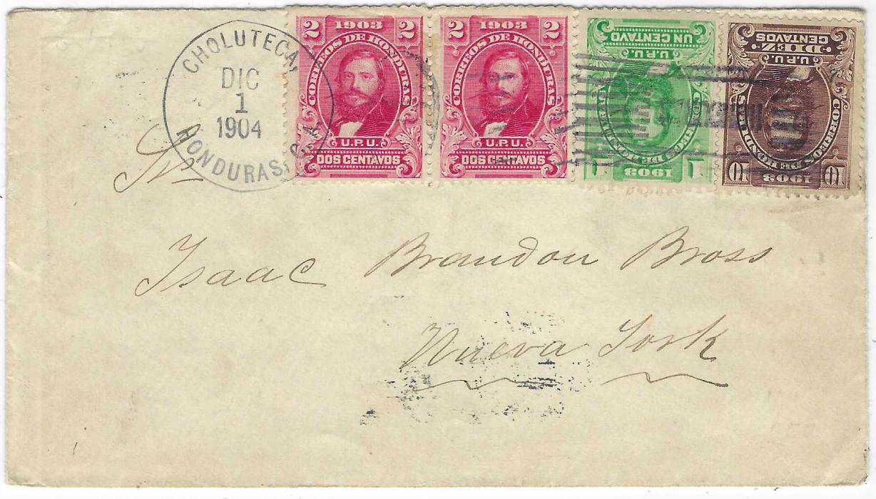Honduras 1904 (Dic 1) cover to New York franked 1903 1c., 2c. pair and 10c. tied Choluteca cds and violet grill cancel, reverse with Tegucigalpa transits and arrival cds.