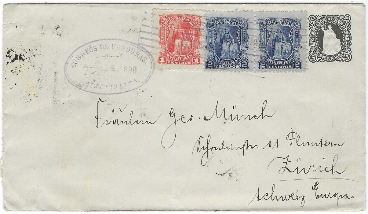 Honduras 1895 (Ago 14) uprated 5c. postal stationery envelope to Zurich with 1895 1c. and pair 2c. tied by violet Tegucicalpa barred cancel, reverse with New York transits and arrival cds.