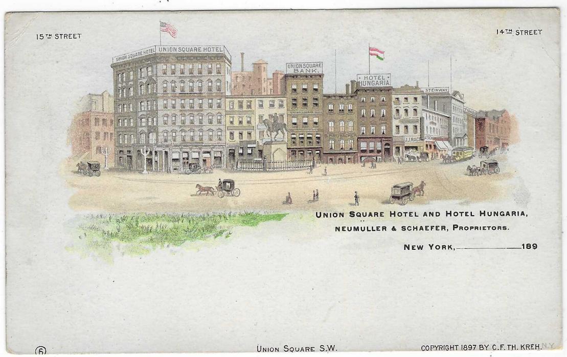 United States (Picture Stationery) 1890s 1c. ‘Jefferson’ card with colour image Union Square, New Yok of Union Square Hotel and Hotel Hungaria, fresh unused.