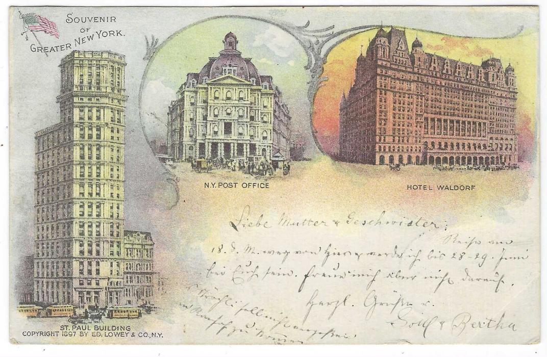 United States (Picture Stationery) 1890s 1c. ‘Jefferson’ card with colour image ‘Souvenir of Greater New York’ with images of St Paul Building, N.Y. Post Office and Hotel Waldorf, used to Germany with uprating stamp carefully removed.