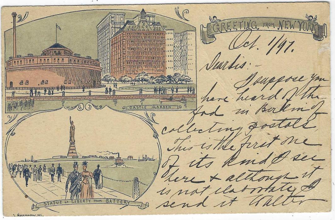 United States (Picture Stationery) 1890s 1c. ‘Jefferson’ card with colour image ‘Greetings From  New York’ with images of Statue of Liberty from Battery and Castle Garden, used 1897 to Berlin.