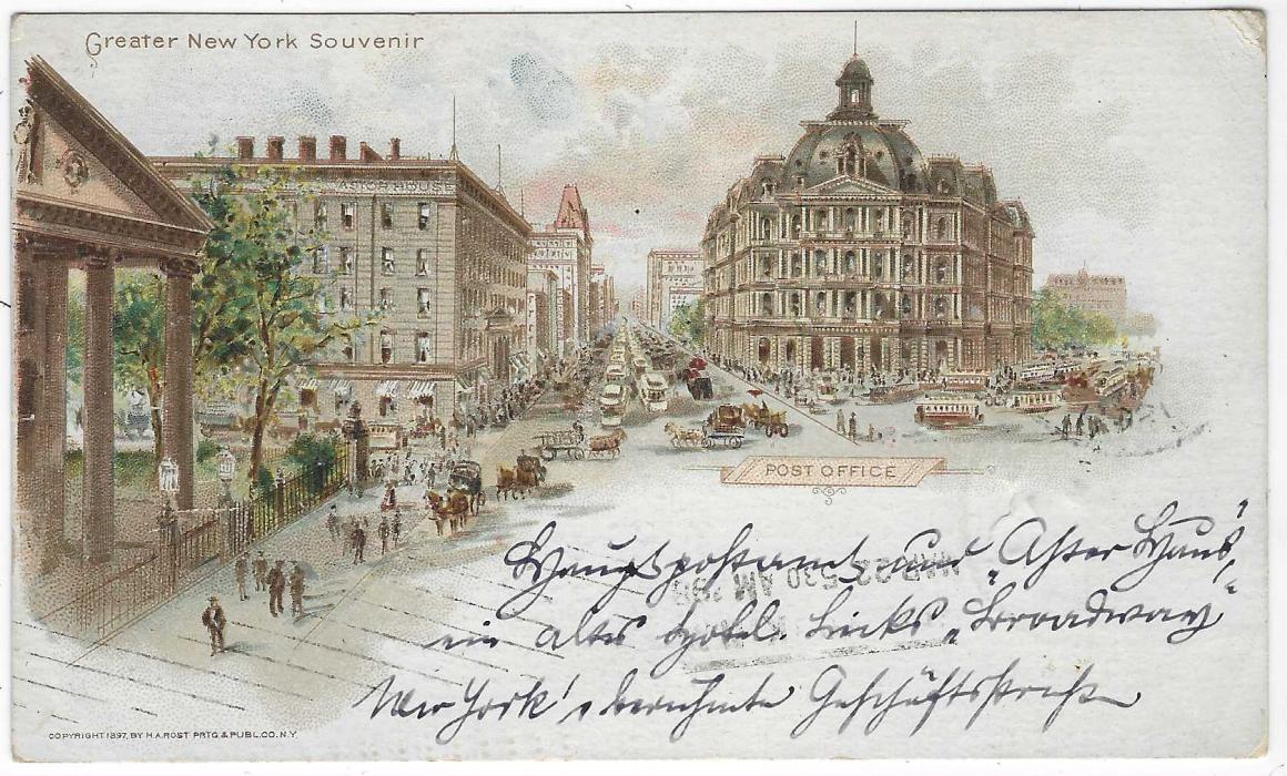 United States (Picture Stationery) 1898 1c. ‘Jefferson’ card entitled ‘Greater New York Souvenir’  with Post Office and street scene with trams used Mar 22 from Brooklyn to Berlin with 1c. uprating.