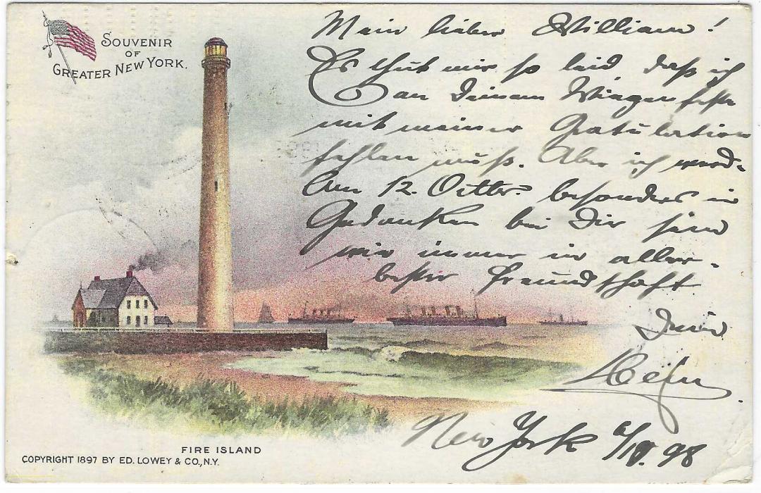 United States (Picture Stationery) 1890s 1c. ‘Jefferson’ card titled ‘Souvenir of Greater New York, Fire Island’ depicting Lighthouse with ships in background, uprated used Hoboken to Bremerhaven; small fault at right affecting 1c.