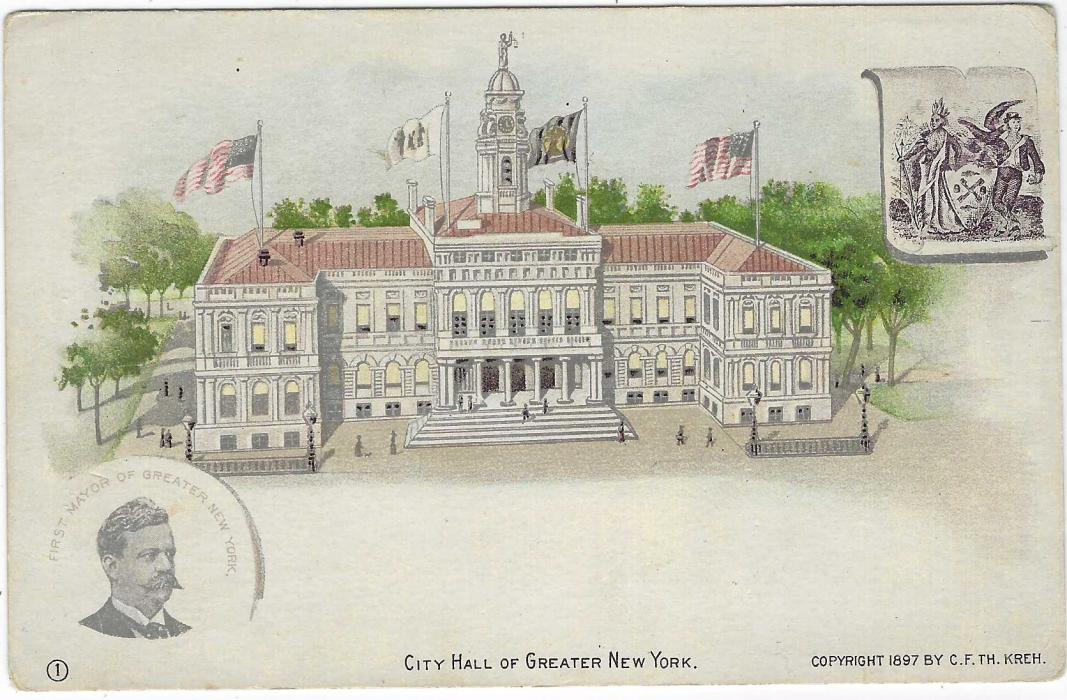 United States (Picture Stationery) 1890s 1c. ‘Jefferson’ card titled ‘City Hall of Greater New York’ plus image of First Mayor, fine unused.