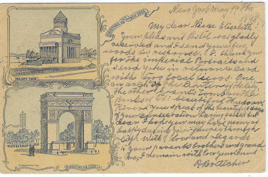 United States (Picture Stationery) 1890s 1c. ‘Jefferson’ card titled ‘Greetings from New York’ with images of Grant’s Tomb and Washington Arch, used 1898 and uprated with 2c. tied ‘J’ New York duplex, Berlin arrival.