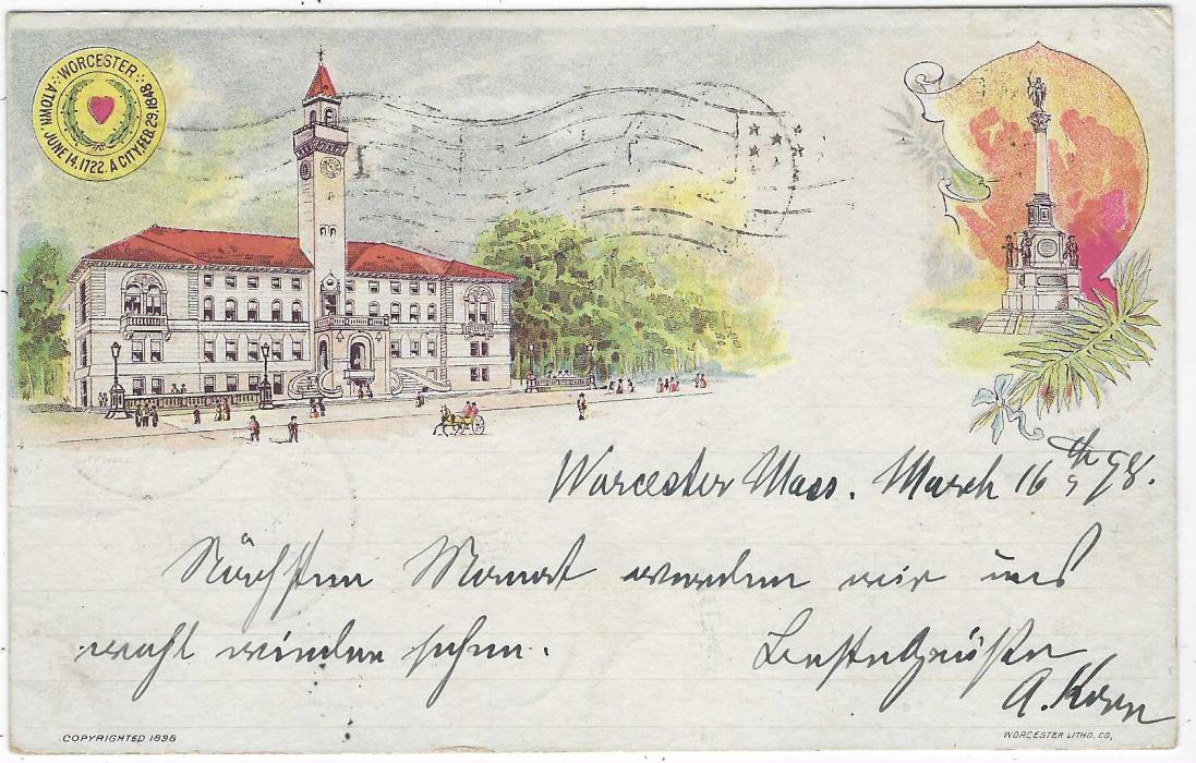 United States (Picture Stationery) 1890s 1c. ‘Jefferson’ card titled ‘Worcester’, Mass. addressed to Chemnitz, Germany with fine ‘Flag’ machine cancel, without uprating stamp so double circles New York Postage Due handstamp, blue manuscript charges on arrival together with cds.