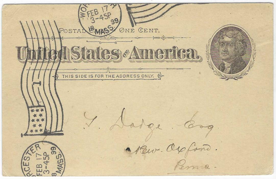 United States (Picture Stationery) 1890s 1c. ‘Jefferson’ card titled ‘Worcester’, Mass. addressed to locally to New Oxford with fine ‘Flag’ machine cancel, company handstamp on front.