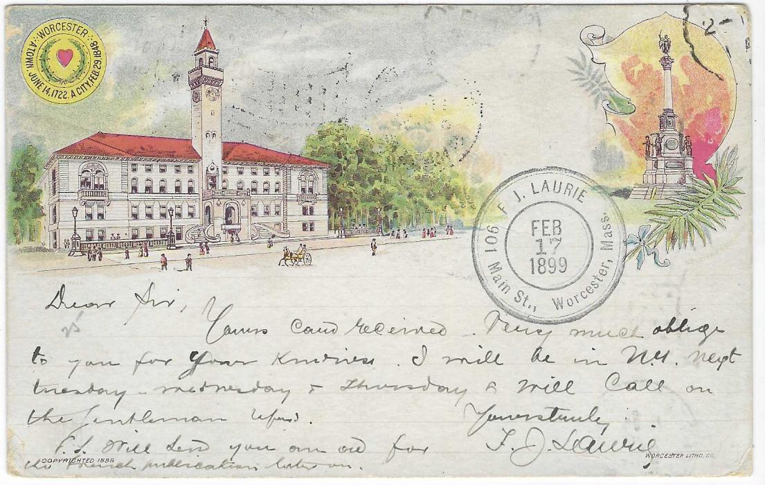 United States (Picture Stationery) 1890s 1c. ‘Jefferson’ card titled ‘Worcester’, Mass. addressed to locally to New Oxford with fine ‘Flag’ machine cancel, company handstamp on front.