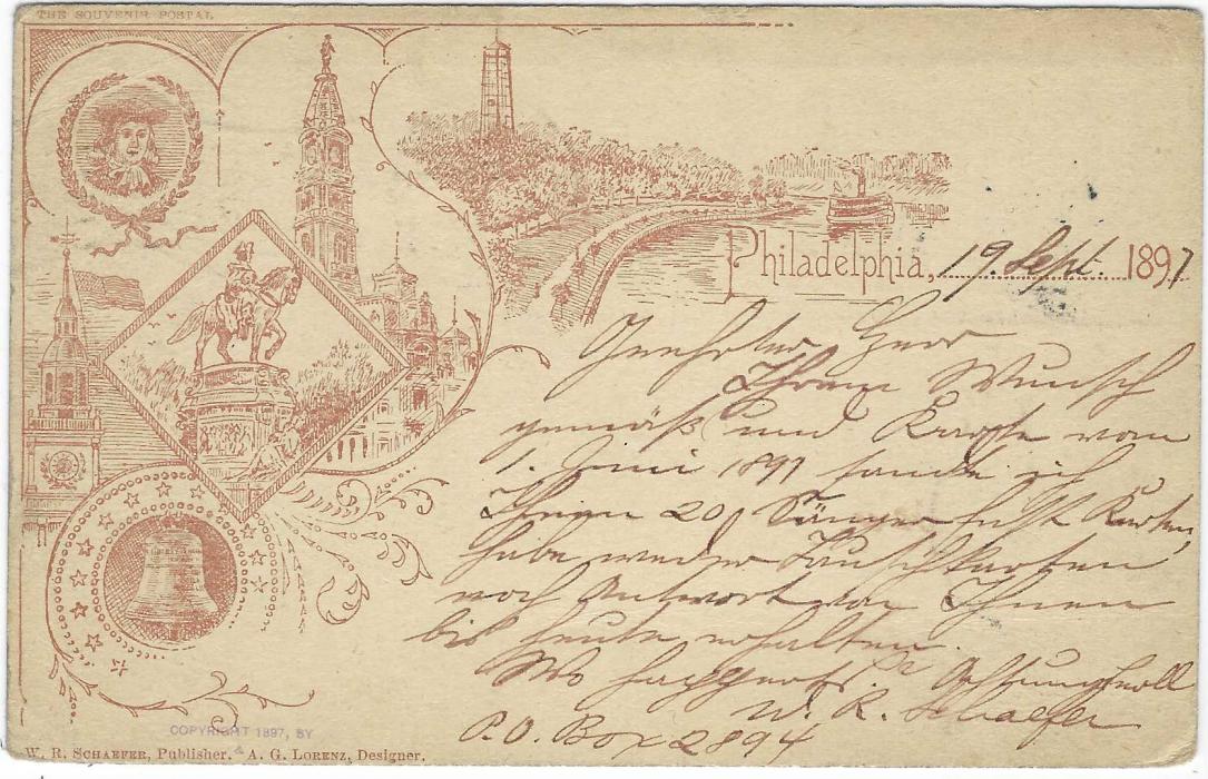 United States (Picture Stationery) 1890s 1c. ‘Jefferson’ brown card titled ‘Philadelphia’ with six small images uprated 1c., used to Manheim, Germany; good condition