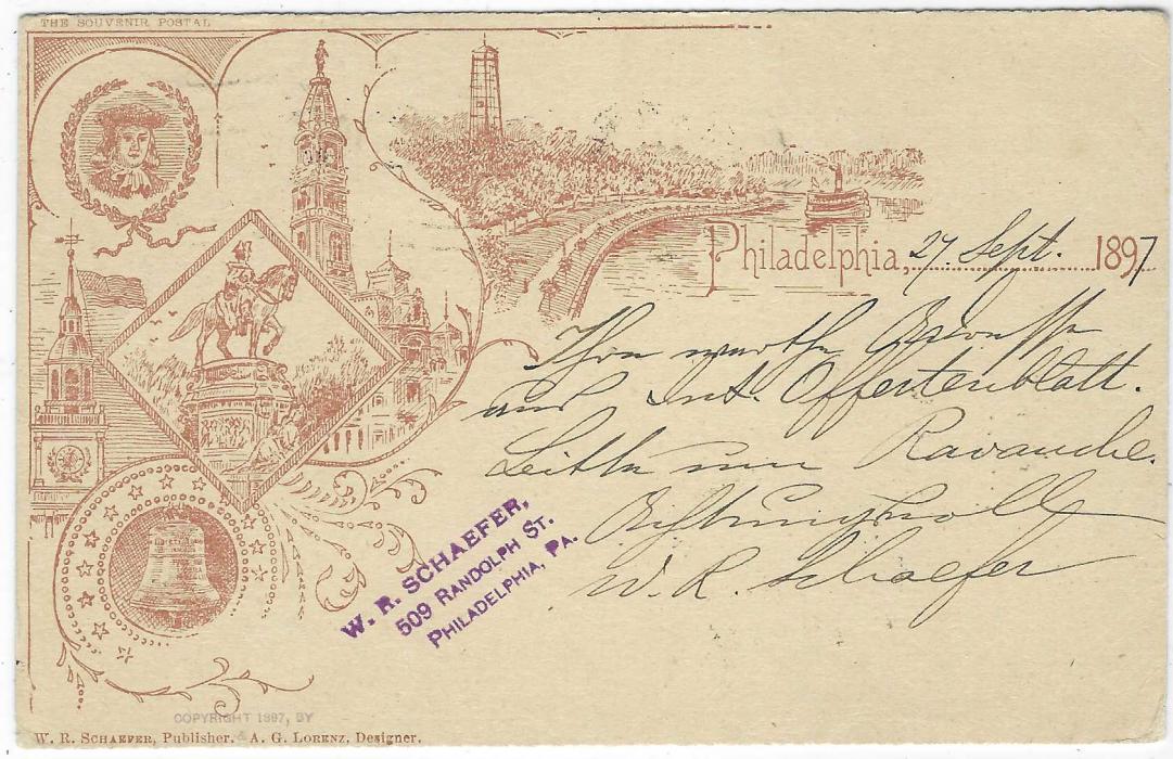 United States (Picture Stationery) 1890s 1c. ‘Jefferson’ brown card titled ‘Philadelphia’ with six small images uprated 1c., used to Krems An Der Donau, Germany; good condition
