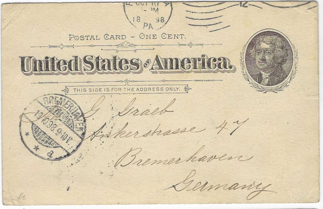 United States (Picture Stationery) 1890s 1c. ‘Jefferson’ purple card titled ‘Philadelphia’ with six small images uprated 1c., used to Bremerhaven, Germany, not uprated without any charges, slight top right corner creasing.