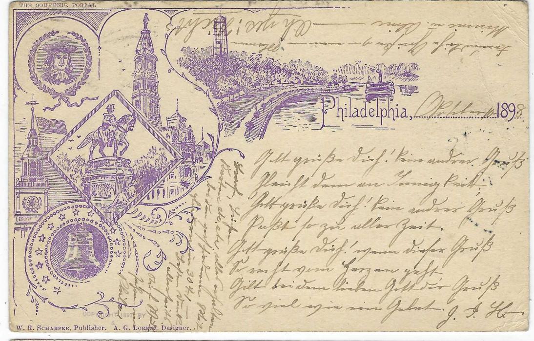 United States (Picture Stationery) 1890s 1c. ‘Jefferson’ purple card titled ‘Philadelphia’ with six small images uprated 1c., used to Bremerhaven, Germany, not uprated without any charges, slight top right corner creasing.