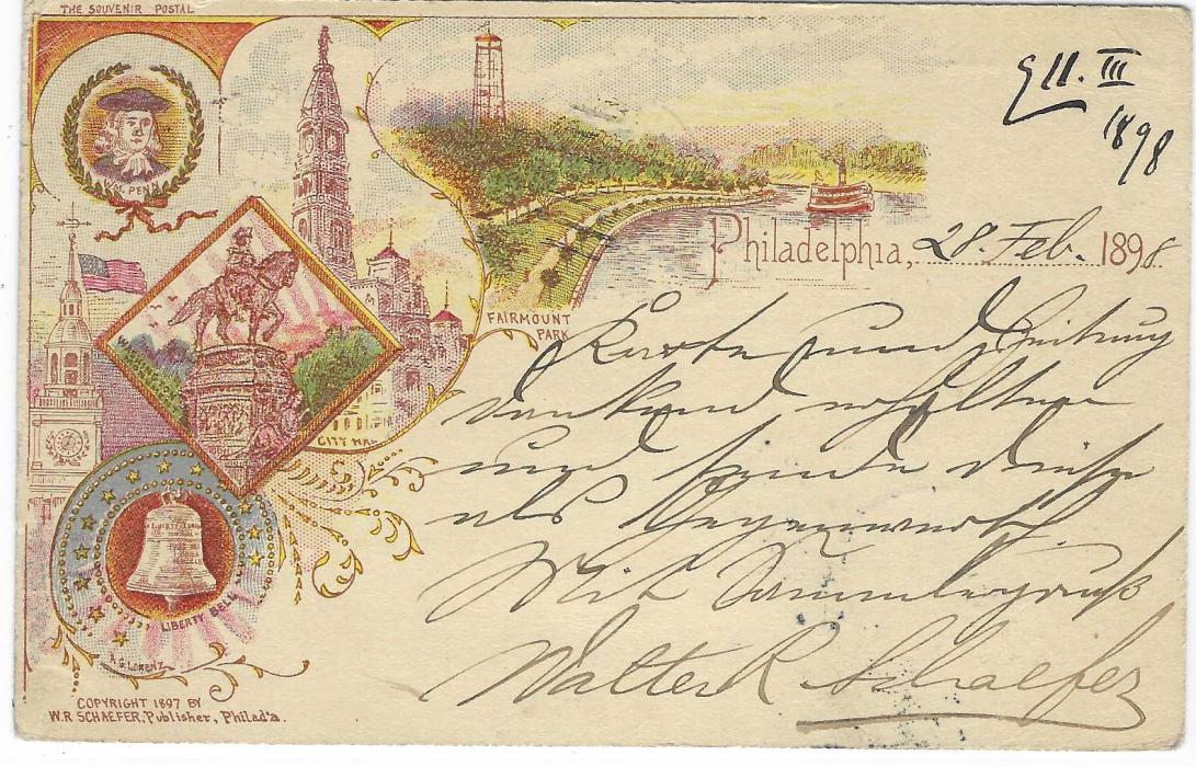 United States (Picture Stationery) 1890s 1c. ‘Jefferson’ multi coloured card titled ‘Philadelphia’ with six small images uprated 1c., used to Frankfurt, Germany, good condition.