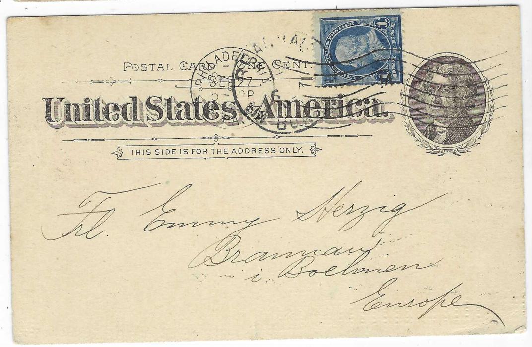 United States (Picture Stationery) 1890s 1c. ‘Jefferson’ brown and black card titled ‘Souvenir Postal Card, Baltimore MD.’  with four small images of John’s Hopkins Hospital, Post Office, City Hall and Court House & Battle Monument, uprated used from Philadelphia to Bohemia