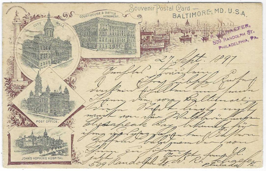 United States (Picture Stationery) 1890s 1c. ‘Jefferson’ brown and black card titled ‘Souvenir Postal Card, Baltimore MD.’  with four small images of John’s Hopkins Hospital, Post Office, City Hall and Court House & Battle Monument, uprated used from Philadelphia to Bohemia