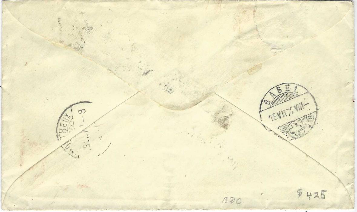 United States 1872 (Jun 26) 3c. postal stationery envelope to Montreux, Switzerland, uprated 1870-71 1c. ‘Franklin’ and 3c. ‘Washington’ cancelled by segmented cork handstamps, San Francisco despatch cds and New York Via England & Ostend transit, at centre straight-line ‘INSUFFICIENTLY PAID’ and ‘VIA OSTENDE’, blue manuscript “15”, red “35” charge on arrival (The U.S. 3c deficiency  is equivalent to 15c and then a 20c. penalty added). Basel transit and arrival cds; some small tears repaired at top.
