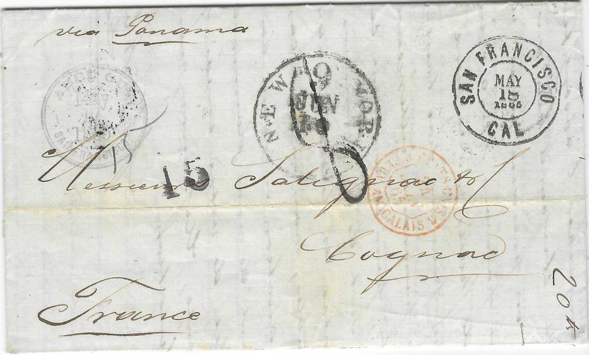 United States 1865 (May 18) entire to Cognac, France endorsed “Via Panama” with despatch cds at top right, faint company chop at left, routed through New York with ‘9’ charge date stamp, black handstamped ‘15’, red French entry cds, reverse with French transits and arrival cds.