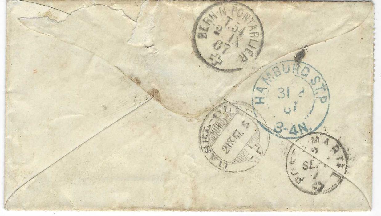 United States 1867 small cover to Switzerland franked 1861-62 30c. with pen cancel and to right manuscript “Oak Grove Ill Aug 13”, red New York PAID Hamb. Pkt cds, red ‘16’  handstamp with various other manuscript markings in red, blue or black, reverse with Hamburg St.P transit together with Swiss tpo and arrival.
