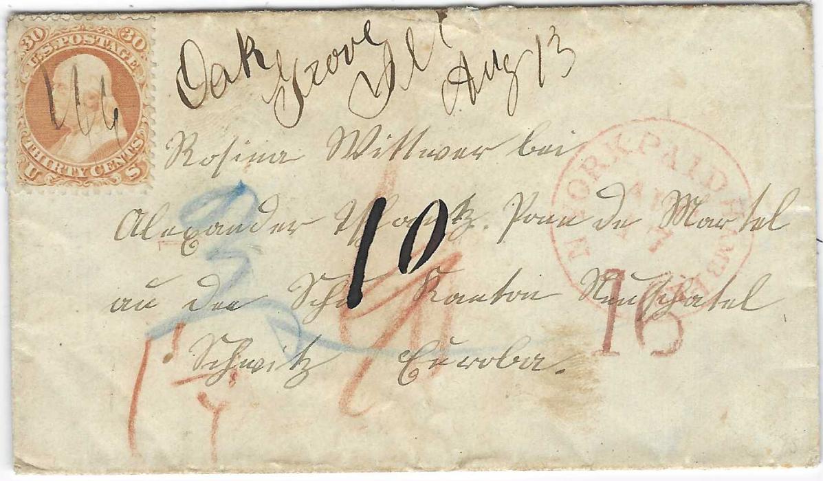 United States 1867 small cover to Switzerland franked 1861-62 30c. with pen cancel and to right manuscript “Oak Grove Ill Aug 13”, red New York PAID Hamb. Pkt cds, red ‘16’  handstamp with various other manuscript markings in red, blue or black, reverse with Hamburg St.P transit together with Swiss tpo and arrival.