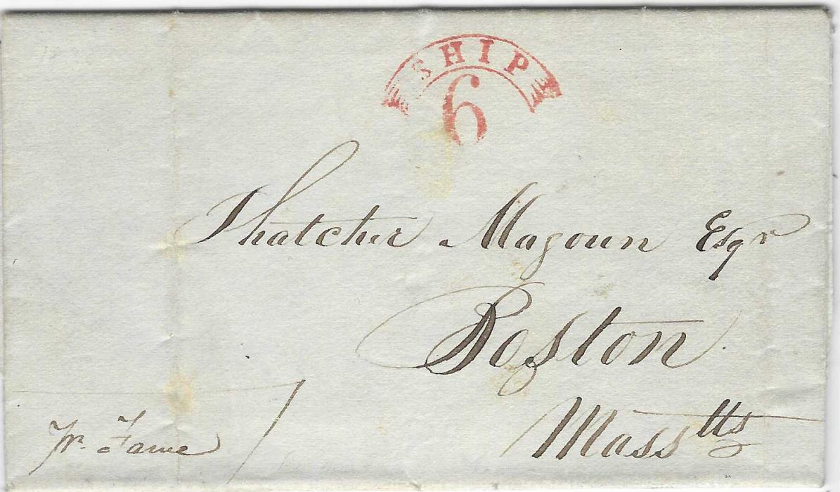 Russia (Ship Mail) 1836 (June 25) entire to Boston from Kronshtadt with endorsement “pr Fame”, at top red cursive SHIP/6 handstamp; a fine strike.