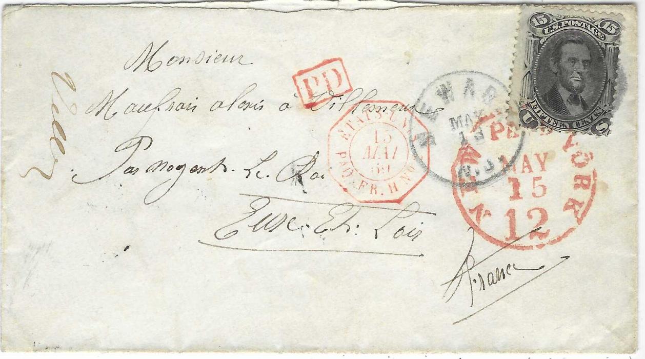 United States 1869 (May 13) cover to France bearing single franking 1866 Lincoln tied by mute cancel with Newark N.J. cds in association, red New York Paid 12 cds, red framed PD and good strike of red French octagonal maritime Etats Unis Paq.Fr. H. No.2, reverse with French top’s and arrival cds.