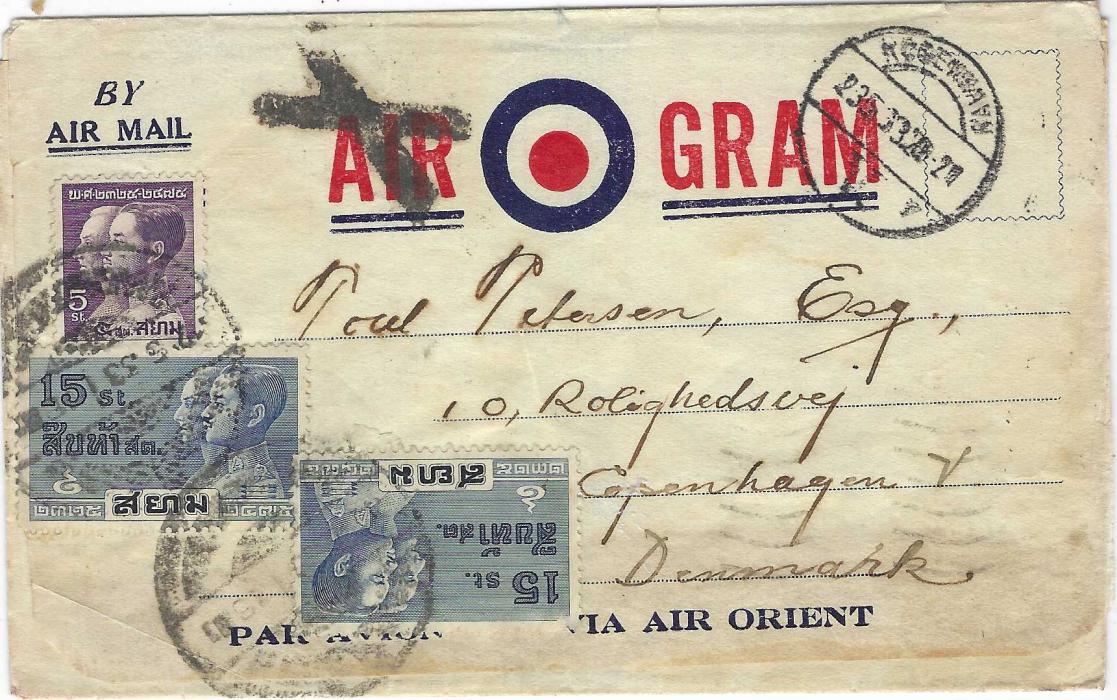 Thailand 1933 (12.5.) AIR GRAM of French Air Orient to Copenhagen, Denmark franked 1932 Chakri Dynasty 5s. and two 15s. tied by two large bilingual Bangkok date stamps, arrival cds at top right, black cross over ‘AIR’ indicating end of air section. The reverse of letter sheet is made up of an image of block of 10 airmail labels. Some slight staining at base on front.