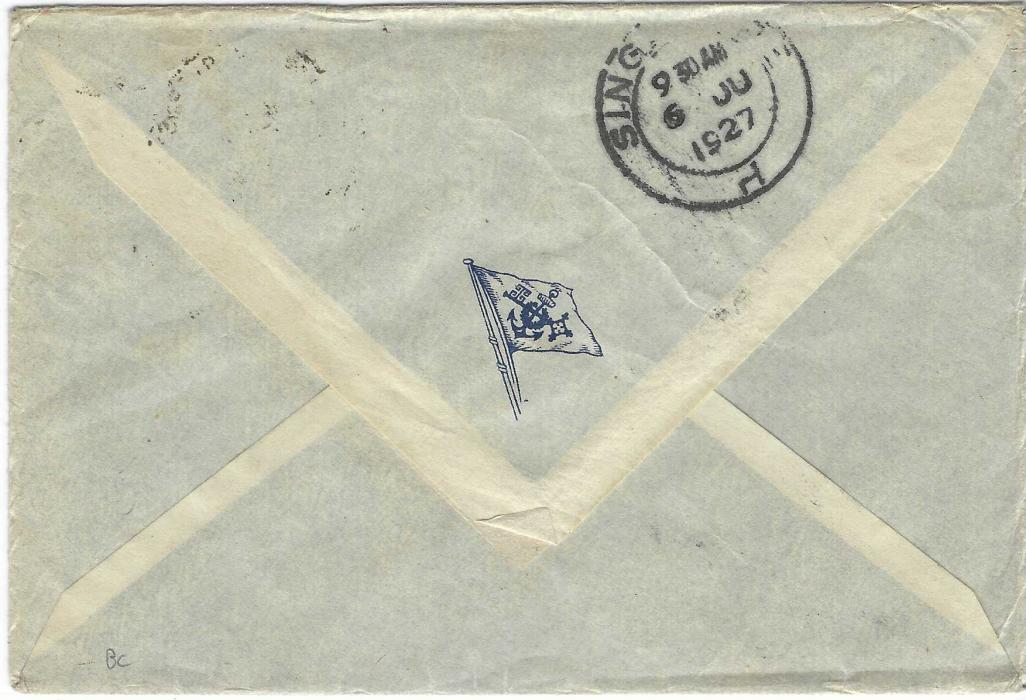Thailand 1927 (6 6) cover written from ‘Bangkok Christian College, Bangkok” franked by German adhesives tied unclear Deutsche Seepost/ Ost/ Asiatische/ Linie index ‘f’, reverse with Singapore cds of the same date. Shipping line logo on backflap.