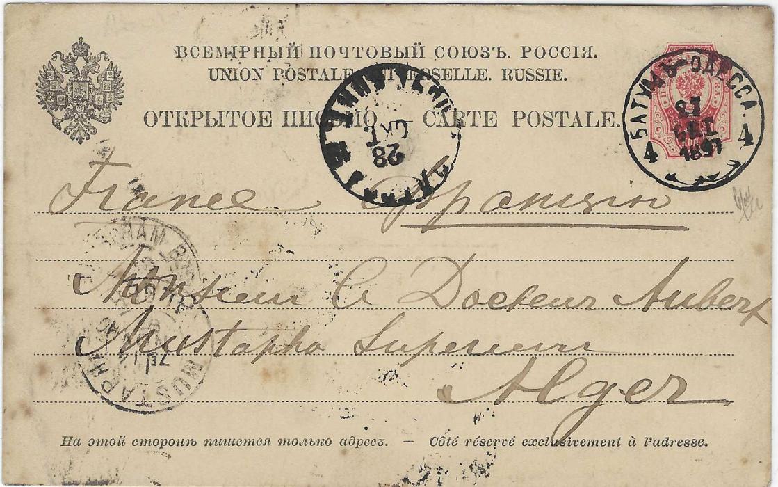 Russia (Ship Mail) 1897 (27 Oct) 4k. postal stationery card used to Mustapha, Algeria, from Sebastopol, cancelled BATUM-ODESSA 4 steamship cds, arrival cancels at left.