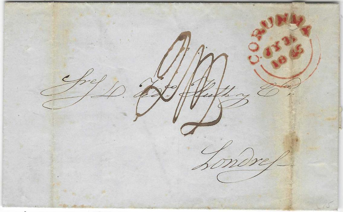Spain (British Post Offices) 1845 (JY 31) outer letter sheet to London bearing red double arc Corunna cds of the British Post Office and rated “2/2”; two heavy filing creases, one through cancel.