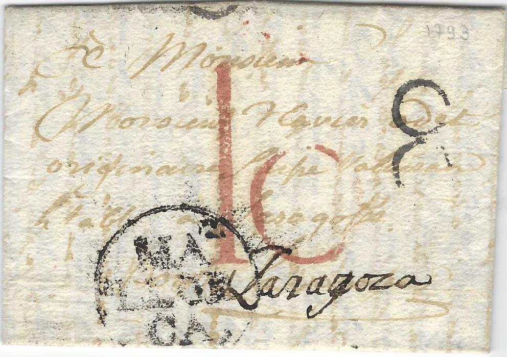 Spain (Balearics) 1799 entire to Zaragoza written from Palma and bearing circular-framed MA/LLOR/CA handstamp, central ‘10’ handstamp and ‘8’ handstamp at right.