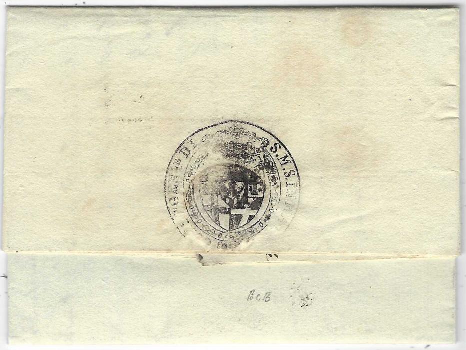 Spain (Balearics) 1819 (31 Oct) entire with printed ‘REGIO/ Consolato Generale/ Di S.M.Sarda/ in Mahone’ to Torino, Italy with straight-line MENORCA handstamp and, at top an interweaved SG (Sanita Genoa – in use 1819-20). Fine and scarce.