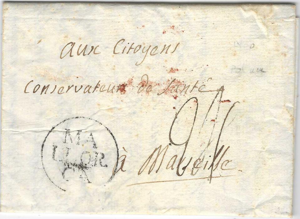 Spain (Balearics) Undated (ca. 1800) Napoleonic entire headed “Liberte” and “Egalite” to Marseille from Palma with circular-framed MA/LLOR/CA handstamp. Wafer seal on reverse.