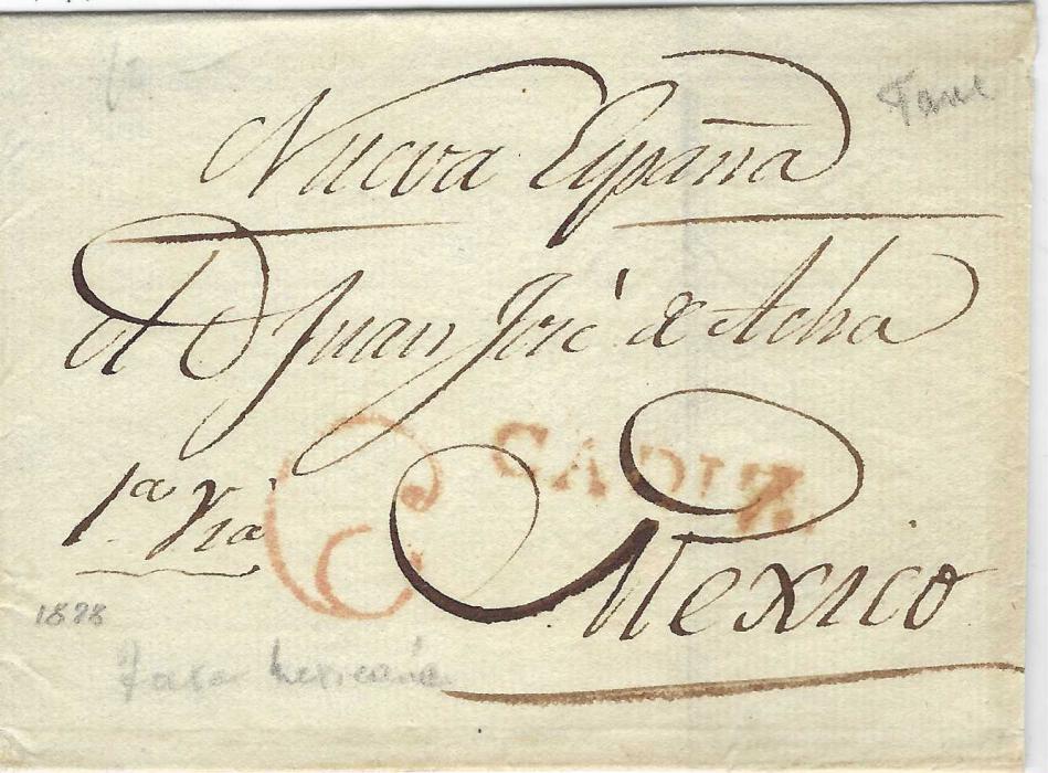 Spain 1828 two outer letter sheets to Mexico, endorsed “Nuova Espana”, rated ‘4’ in black and ‘6’ in red respectively, both with red straight-line CADIZ. with stop, one with slightly heavier filing crease, a fine pair.