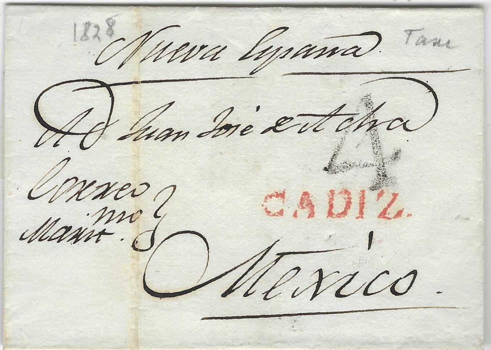 Spain 1828 two outer letter sheets to Mexico, endorsed “Nuova Espana”, rated ‘4’ in black and ‘6’ in red respectively, both with red straight-line CADIZ. with stop, one with slightly heavier filing crease, a fine pair.