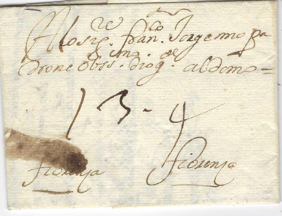 Spain 1699 (?) entire from Sevilla to Florence, Italy without postal markings, annotated 