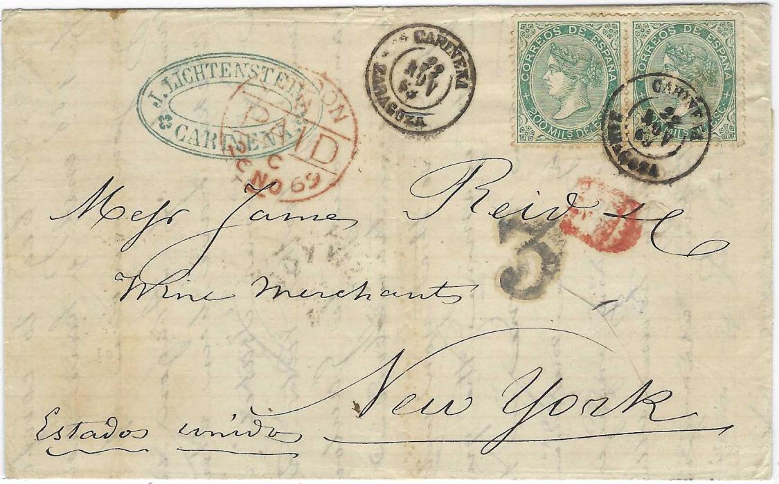 Spain 1869 (22 Nov) entire to New York franked 1868-69 Isabel II 200m. green pair tied Carinena cds, red ‘PD’ , London PAID transit, ‘3’ accountancy handstamp for internal U.S. postage, arrival backstamp.