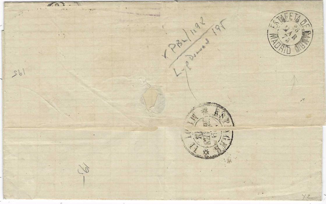 Spain 1873 (24 Mar) outer letter sheet to New York, endorsed “via England”  franked 1872-73 40c. (2) cancelled rhomboid of dots , Malaga cds below, oval framed P.D., actually routed via Belgium with Etats Unis Par Ostende cds tying one stamp and Espagne Midi II tpo on reverse, red New York Paid All applied on arrival.