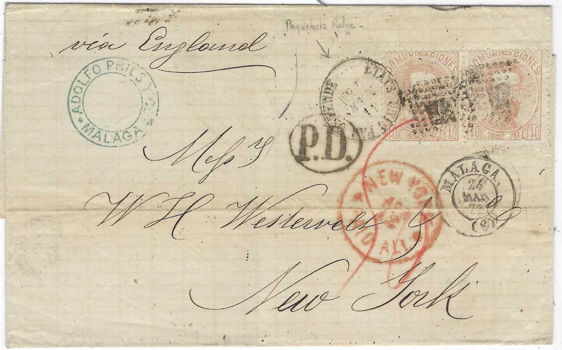 Spain 1873 (24 Mar) outer letter sheet to New York, endorsed “via England”  franked 1872-73 40c. (2) cancelled rhomboid of dots , Malaga cds below, oval framed P.D., actually routed via Belgium with Etats Unis Par Ostende cds tying one stamp and Espagne Midi II tpo on reverse, red New York Paid All applied on arrival.