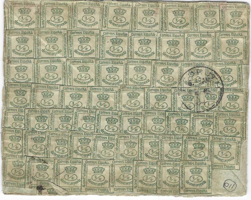 Spain 1904 cover to England plastered front and back with 1876 ¼c. pale green (all singles) with Pontevedra cds, blue manuscript “T/ 25” tax marking, Redruth arrival backstamp; some stamps damaged overlapping the edge, a spectacular late usage.