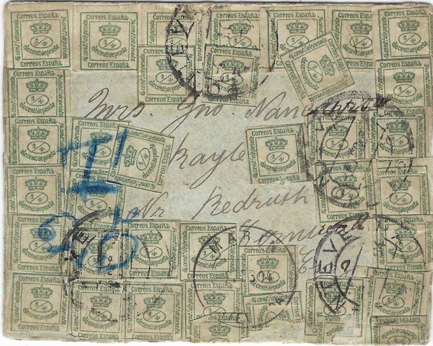 Spain 1904 cover to England plastered front and back with 1876 ¼c. pale green (all singles) with Pontevedra cds, blue manuscript “T/ 25” tax marking, Redruth arrival backstamp; some stamps damaged overlapping the edge, a spectacular late usage.